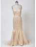 Queen Anne Neckline Champagne Beaded Tulle Floor Length Wedding Dress Luxury Dress